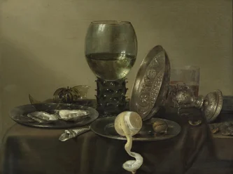 Ainda vida com ostras, um rum, um limão e uma taça de prata